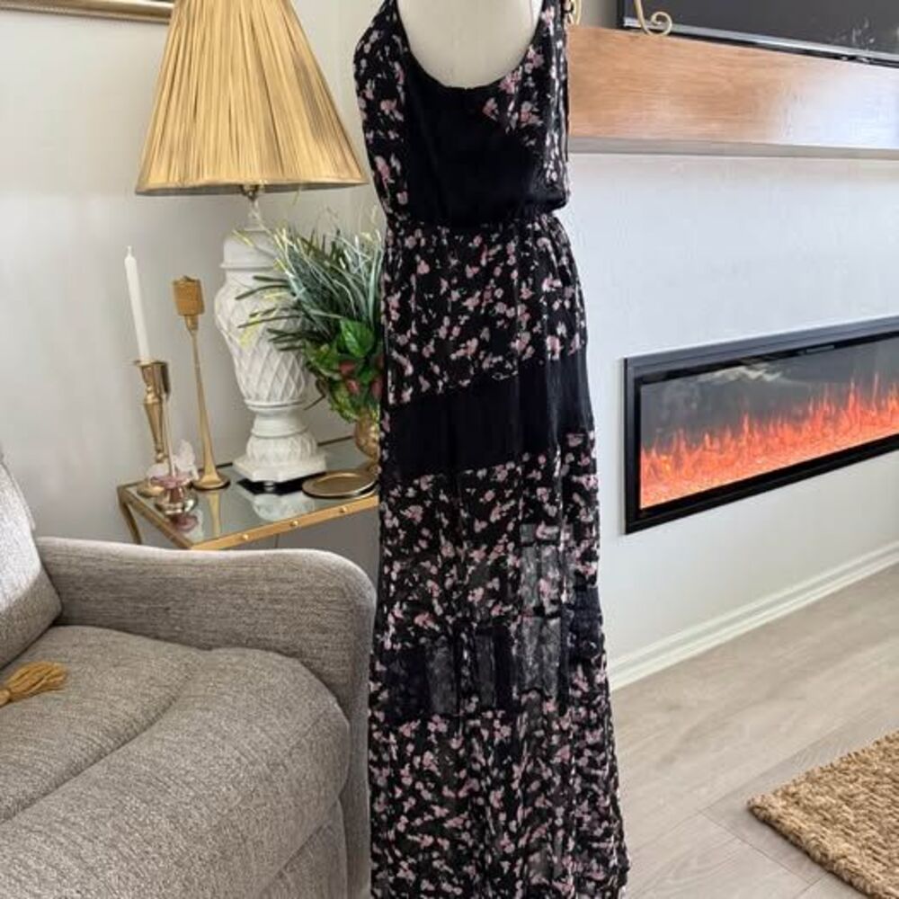 Black Floral Maxi Dress Women Small Boho Lace Layered Spaghetti Straps Size L - Picture 8 of 14